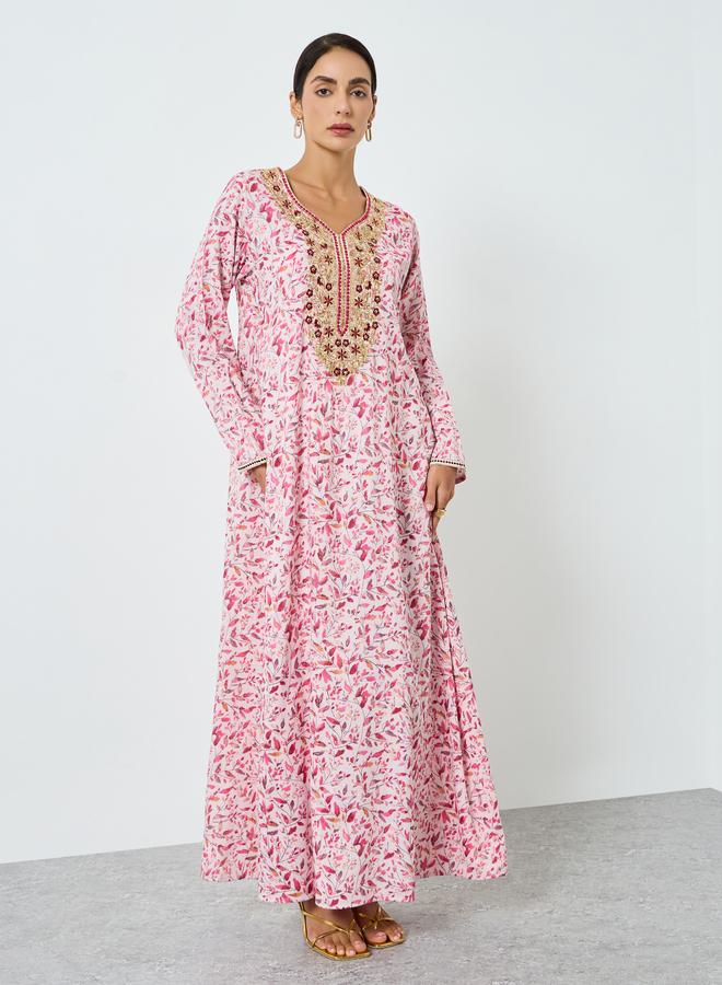 Maxim Creation Women Pink Floral Print Embroidered Jalabiya - Image 5